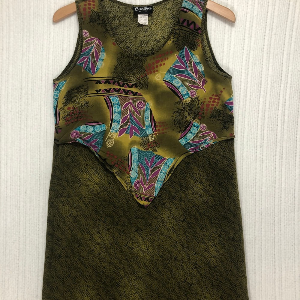 Vintage Caribou New York Olive Green Abstract Print Sleeveless Maxi Dress Medium